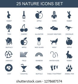 25 nature icons. Trendy nature icons white background. Included filled icons such as rabbit, oil, apple, corn, tree, cherry, alligator, cloudy weather. nature icon for web and mobile.