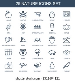 25 nature icons. Trendy nature icons white background. Included outline icons such as apple, beetle, wheel barrow, berry, picture, dna, ant, sprout plants. nature icon for web and mobile.