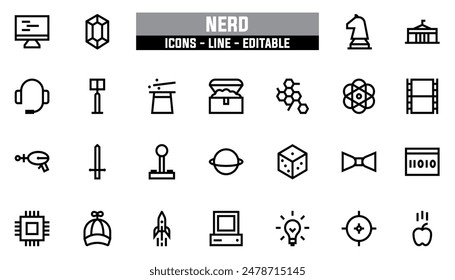 25 iconos nerd conjunto, línea de Vector, trazo editable.