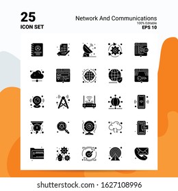 25 Network And Communications Icon Set. 100% Editable EPS 10 Files. Business Logo Concept Ideas Solid Glyph icon design