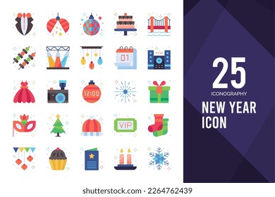 Paquete de iconos de Año Nuevo plano. ilustración vectorial.