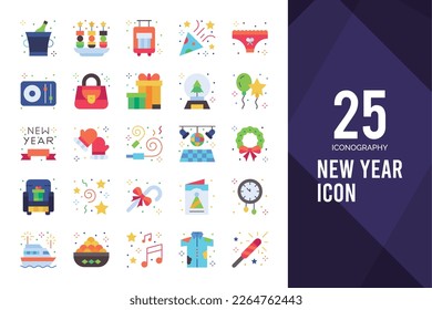 Paquete de iconos de Año Nuevo plano. ilustración vectorial.