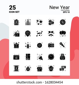 25 New Year Icon Set. 100% Editable EPS 10 Files. Business Logo Concept Ideas Solid Glyph icon design