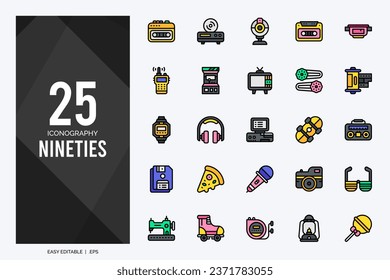 25 Nineties Lineal Fill icons pack. vector illustration.