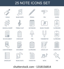 25 note icons. Trendy note icons white background. Included line icons such as violin, music note, pencil, pin, paper, musical sharp, treble clef. icon for web and mobile.