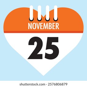 25 November calendar icon orange heart shape on light sky blue color background, calendar vector symbol for the month of November.