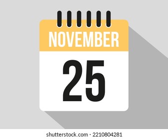 25 November calendar vector icon. Yellow november date for the days of the month and week