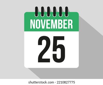 25 November calendar vector icon. Green November date for the days of the month and week