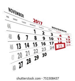 25 November highlighted on calendar 2017. Week starts from Monday. Vector Illustration.
