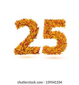 25 number of autumn fall bright orange leaves. Vector word template