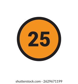 25 Number icon vector Orange Circle with Black design