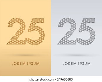 25 ,Number Luxury font outline ,designed using gold geometric on gold background, concept shape from screws, hexagon, honeycomb, jewelry,gems ,logo, symbol, icon, graphic, vector.
