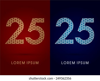 25 ,Number ,Luxury font,designed using gold and silver geometric on dark red and dark blue background,concept shape from screws,hexagon, honeycomb,jewelry,gems, logo, symbol icon,graphic,vector.