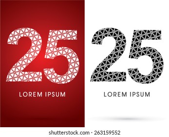 25 ,Number, Modern font, designed using white and black triangle geometric shape. on red and white background, ,logo, symbol, icon, graphic, vector.