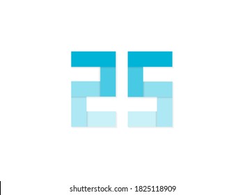 25 number, vector logo, paper cut desing font made of blue color tones .Isolated on white background. Eps10 illustration