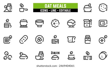 25 oat meals icons set, vector line, editable stroke.