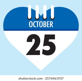 25 October calendar icon blue heart shape on light sky blue color background, calendar vector symbol for the month of October.