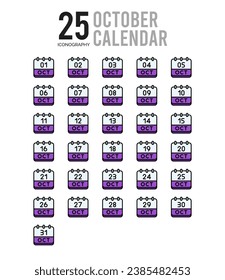 25 October Calendar. icons Pack. vector illustration.