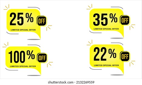 25% off, 100% off, 35% off and 22% off. Label discounts set. Banner with four yellow balloons with special offers vector