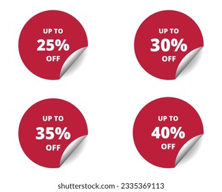 25% de descuento, 30, 35, 40% de signo de pegatina redonda. conjunto de banner de etiqueta adhesiva de círculo, ilustración vectorial de símbolo de placa