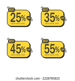 25% off, 35% off, 45% off and 55% off. Set of best tag discounts in yellow and black color. Banner with four yellow and black balloons with special offers vector.