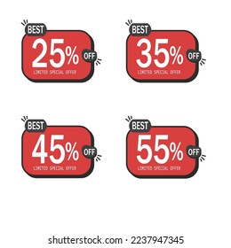25% off, 35% off, 45% off and 55% off. Set of best tag discounts in red and white color. Banner with four red and white balloons with special offers vector.