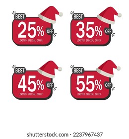 25% off, 35% off, 45% off and 55% off. Set of best christmas tag discounts in red and white color. Banner christmas with four red and white balloons with special offers vector.