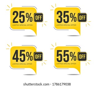 25% off, 35% off, 45%0ff and 55% off. Set of tag discounts. Banner with four yellow balloons with special offers vector.
