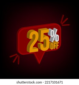 25% off. 3d banner with black and red gradient for offers and promotions.