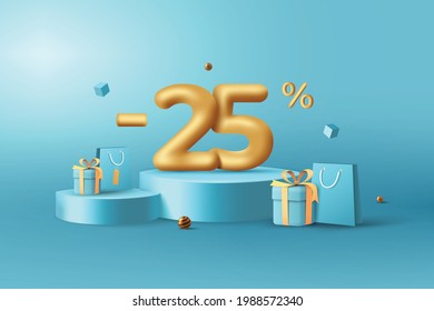 25% Off. 3D Gold Discount Numbers On Podium With Shopping Bag And Gift Box Vector. Price Off Tag Design On Blue Background Vector Illustration