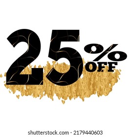25% off. banner with twenty five percent discount on a golden and black colors. Glitter gold