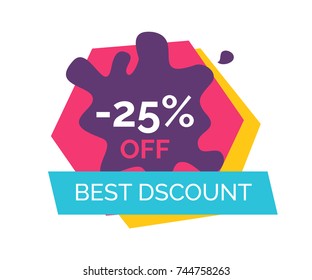 -25% off best discount, label depicting purple blot and blue ribbon, title sample written in centerpiece vector illustration isolated on white