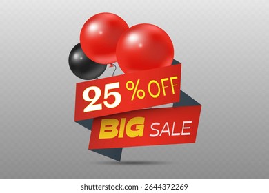 25% off big sale banner with red and black balloons.