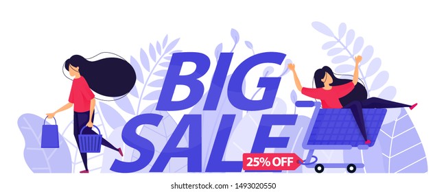 25% Off Big Sale Poster For E-Commerce. Girl Riding Trolley And Happy Shopping. Character Concept Vector Illustration For Web Landing Page, Banner, Mobile Apps, Card, Book Illustration