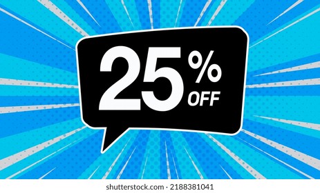 25% off. Blue banner with twenty-five percent discount on a black balloon for mega big sales.