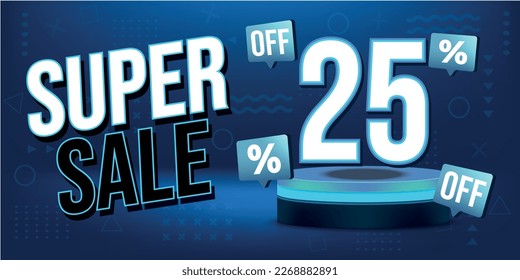 25% off. Blue banner with twenty-five percent off on a blue podium for super mega big sales.