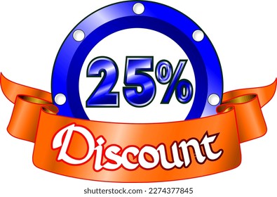 25% off, blue disk and orange ribbon, vector illustration for wholesale and retail, illustrative art, beautiful illustration, vector. God is good!