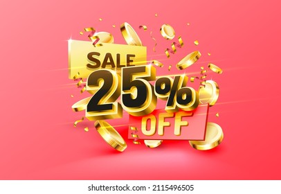 25 Off. Discount creative composition. 3d sale symbol with decorative objects, golden confetti, podium and gift box. Sale banner and poster. Vector illustration.