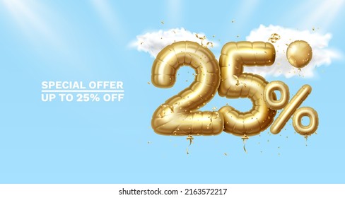 25 Off. Discount creative composition. 3d Golden sale symbol with decorative objects, golden confetti. Sale banner and poster. Vector illustration.