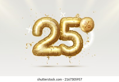 25 Off. Discount creative composition. 3d Golden sale symbol with decorative objects, heart shaped balloons, golden confetti. Sale banner and poster. Vector illustration.