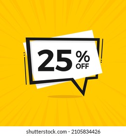 25% off. Discount 25 percent. Yellow banner with floating balloon for promotions and offers.