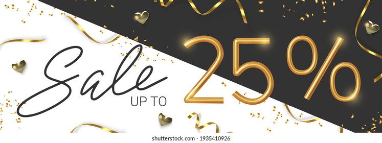 25 off discount promotion sale made of realistic 3d gold number with sepantine and tinsel. Vector illustration