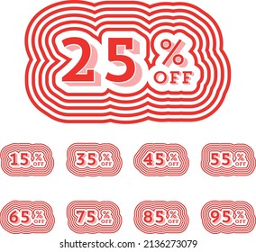 25% de descuento. promoción de etiqueta roja. en venta.15%, 25%, 35%, 45%, 55%, 65%, 75%, 85%, 95%. promoción de insignia de reducción de precios. diseño conjunto de ilustración vectorial aislada en fondo blanco.