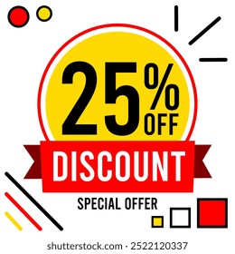 25% off discount 25 % off twenty five percent off discount 25%off Promotions with black and white numbers, yellow ball, circle and red, black and yellow designs.eps