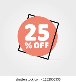 25% OFF. Discount Vector Graphic. Light Orange Circle Icon in Black Frame. Light Grey Background.