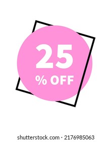 Gráfica de vectores de descuento del 25%. Icono de círculo rosa claro en marco negro. aislado en fondo blanco.