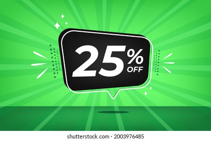 25% off. Green banner with twenty-five percent discount on a black balloon for mega big sales.
