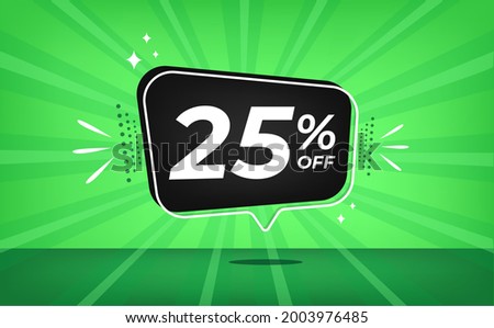 25% off. Green banner with twenty-five percent discount on a black balloon for mega big sales.