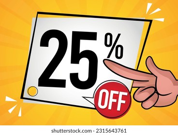 25% off -hand holding white tag with twenty-five percent off. Vector illustration for sales with special offers for retail. Colors: black, red, yelow and Orange