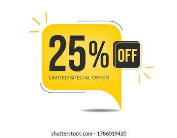 25% off limited special offer. Banner with twenty-five percent discount on a yellow square balloon.